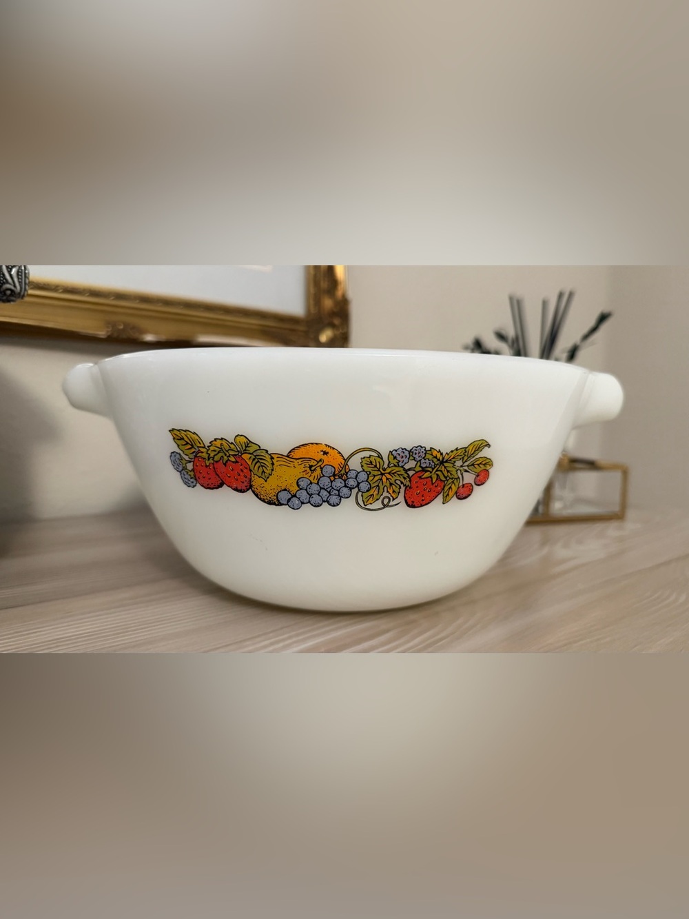 Vintage Fire King White Fruit-Pattern Serving Bowl excellent condition